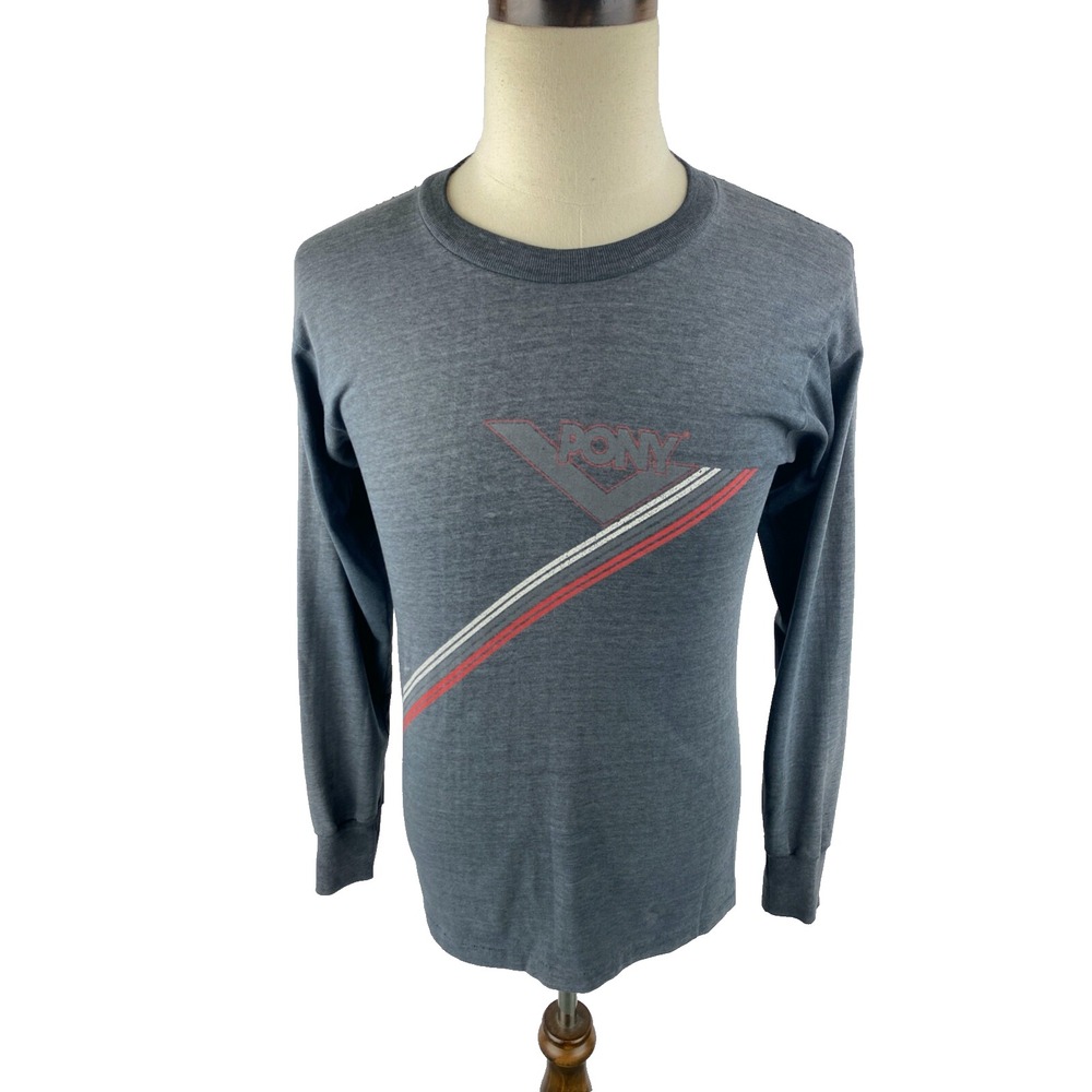 Pony Men M (Fits S) Thin Single Stitch Vtg Long Sleeve T-Shirt Distressed Grunge